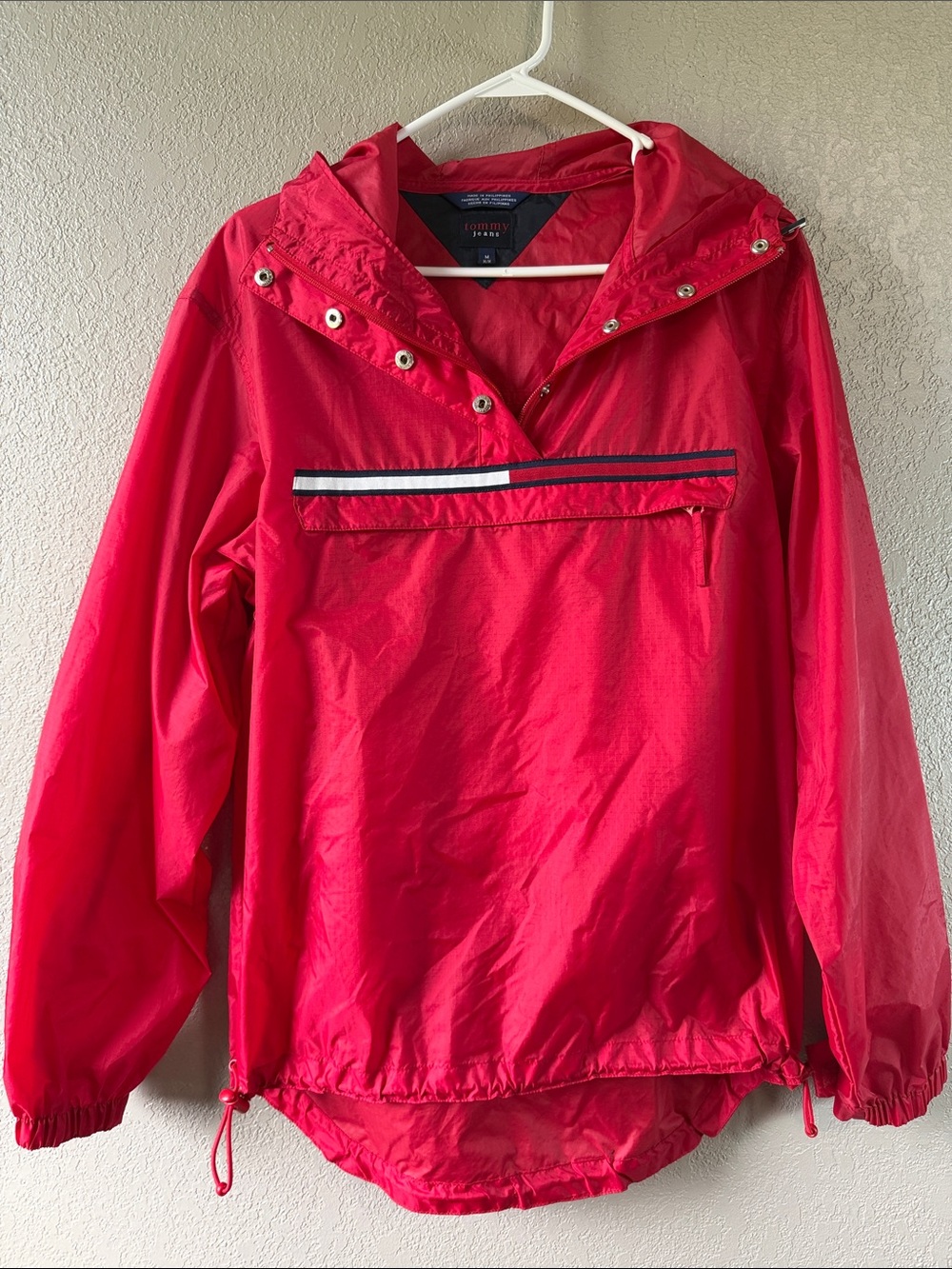 Tommy Hilfiger Red Hooded Pullover Windbreaker with Flag Stripe